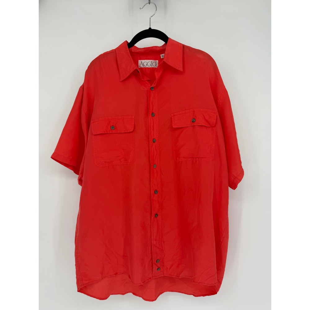 Aggio Mens Red 100% Silk Short Sleeve Button Down Shirt Large Vintage Pockets